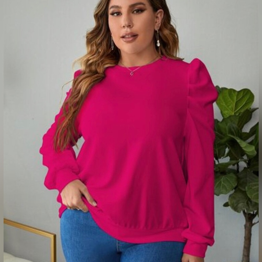 SHEIN Curvy Solid Pink Puff Sleeve Sweatshirt
